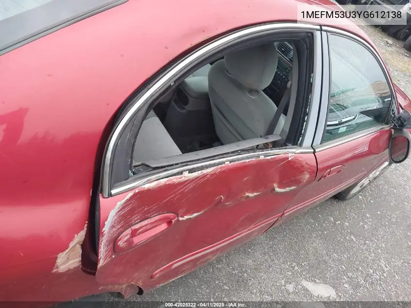 2000 Mercury Sable Ls VIN: 1MEFM53U3YG612138 Lot: 42025322