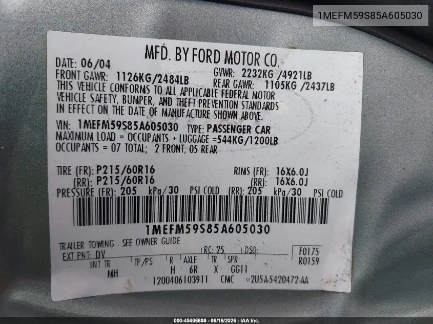 2005 Mercury Sable Ls VIN: 1MEFM59S85A605030 Lot: 45406804