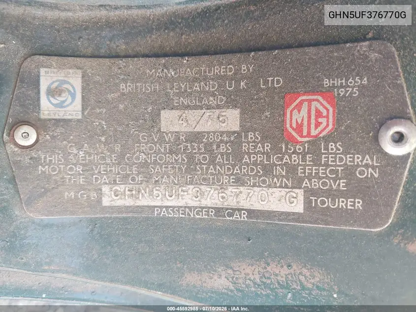 1975 Mg Mgb VIN: GHN5UF376770G Lot: 45592985