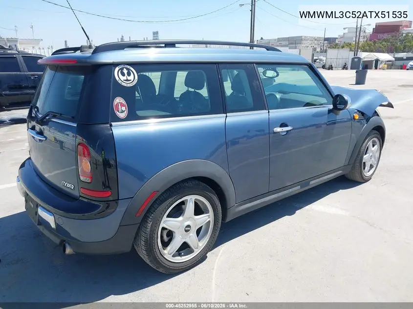 2010 Mini Cooper Clubman VIN: WMWML3C52ATX51535 Lot: 45252955
