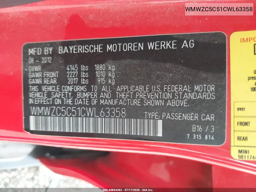 2012 Mini Cooper S Countryman VIN: WMWZC5C51CWL63358 Lot: 45654363