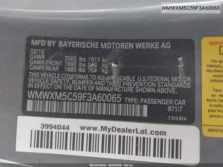 2015 Mini Hardtop Cooper VIN: WMWXM5C59F3A60065 Lot: 45180232
