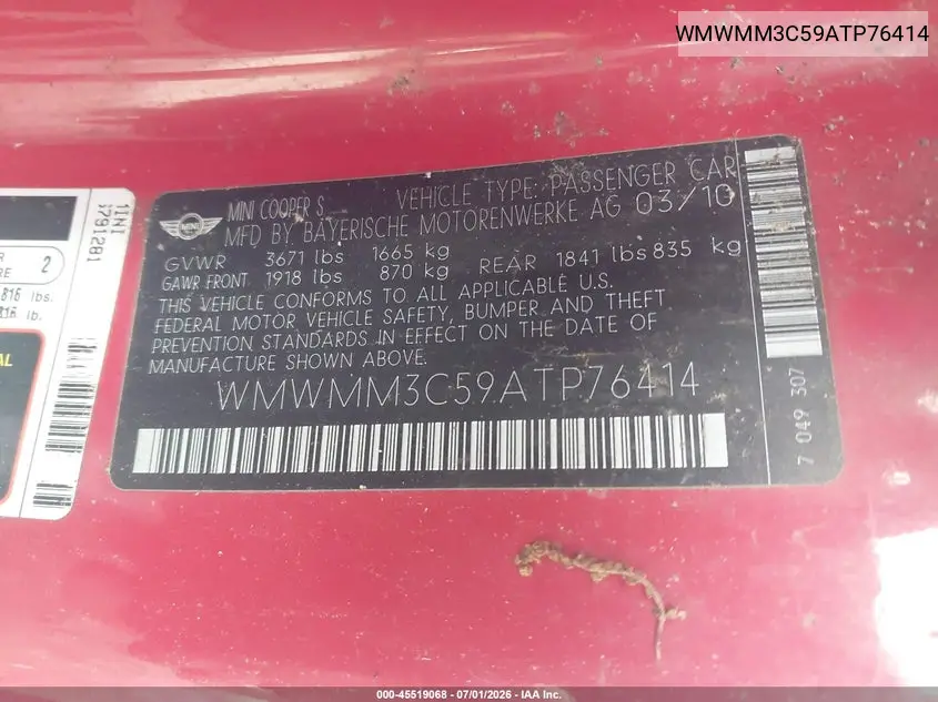 2010 Mini Cooper S Clubman VIN: WMWMM3C59ATP76414 Lot: 45519068