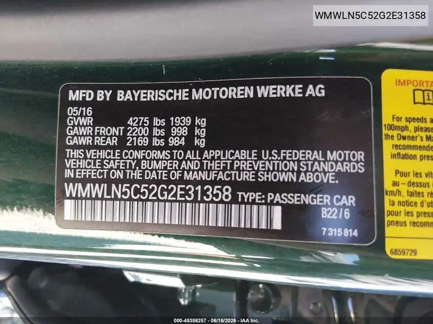 2016 Mini Clubman Cooper VIN: WMWLN5C52G2E31358 Lot: 45386257