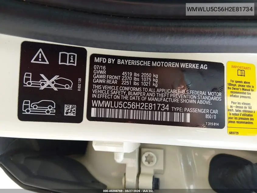 2017 Mini Clubman Cooper S VIN: WMWLU5C56H2E81734 Lot: 45208769