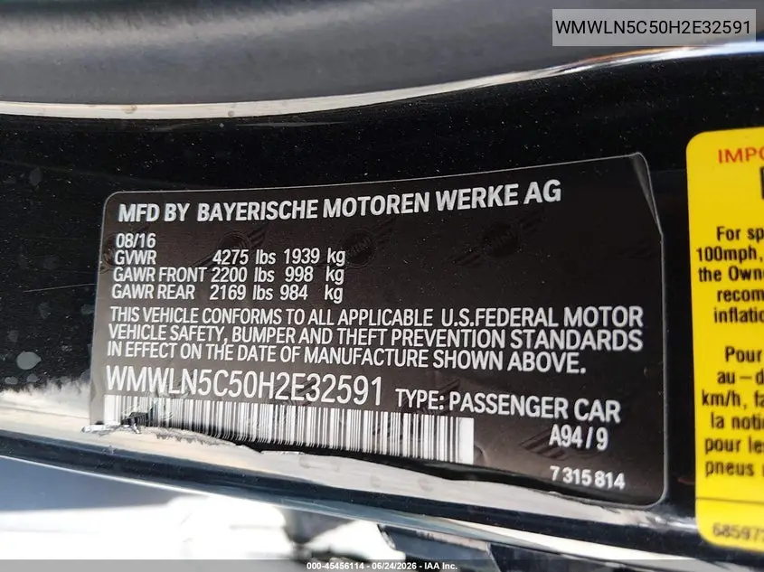 2017 Mini Clubman Cooper VIN: WMWLN5C50H2E32591 Lot: 45456114