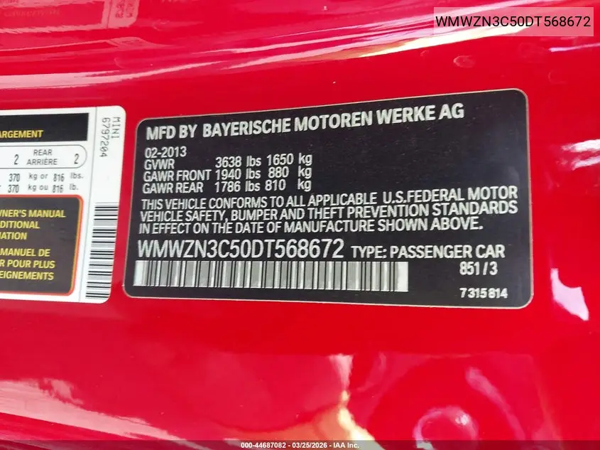 2013 Mini Convertible Cooper VIN: WMWZN3C50DT568672 Lot: 44687082
