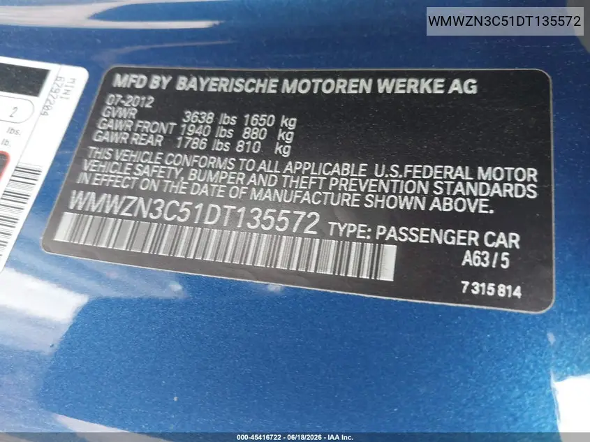 2013 Mini Convertible Cooper VIN: WMWZN3C51DT135572 Lot: 45416722