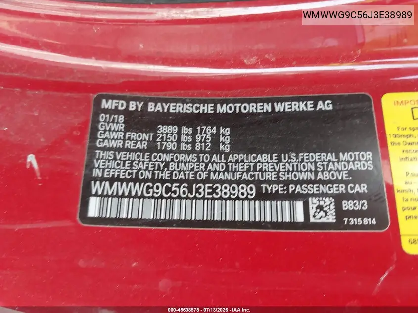 2018 Mini Convertible Cooper S VIN: WMWWG9C56J3E38989 Lot: 45608578