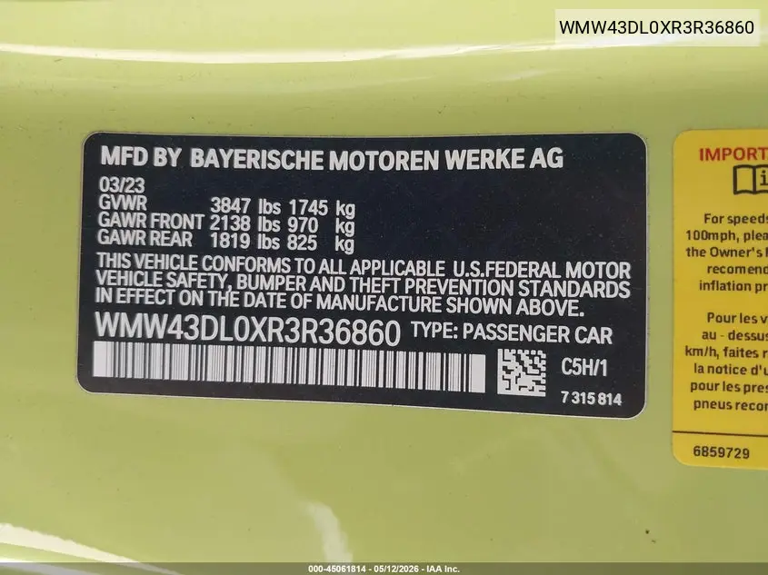2024 Mini Convertible Cooper S VIN: WMW43DL0XR3R36860 Lot: 45061814