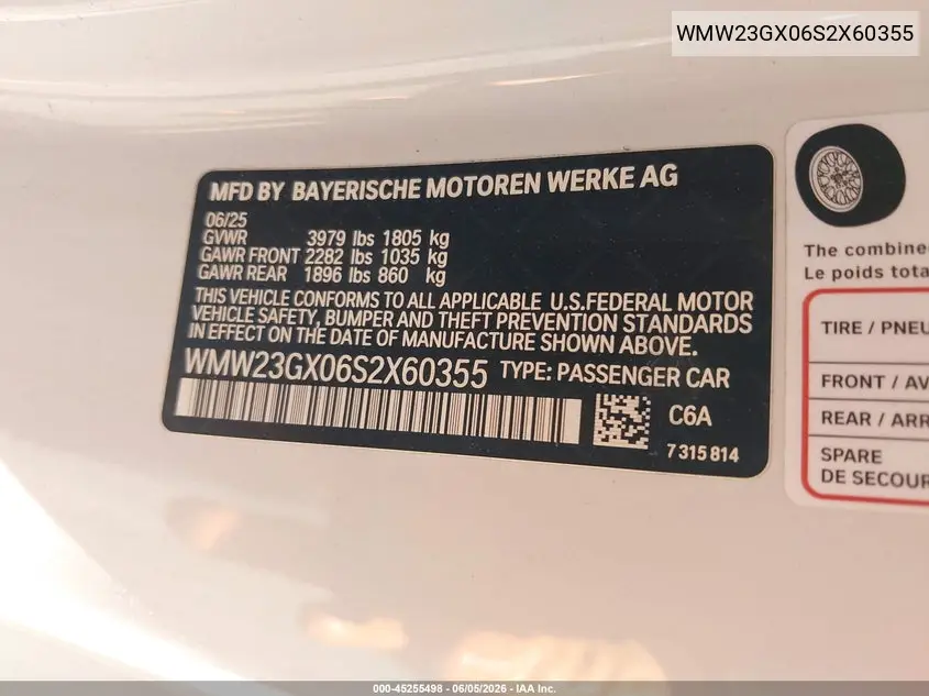 2025 Mini Convertible Cooper S VIN: WMW23GX06S2X60355 Lot: 45255498