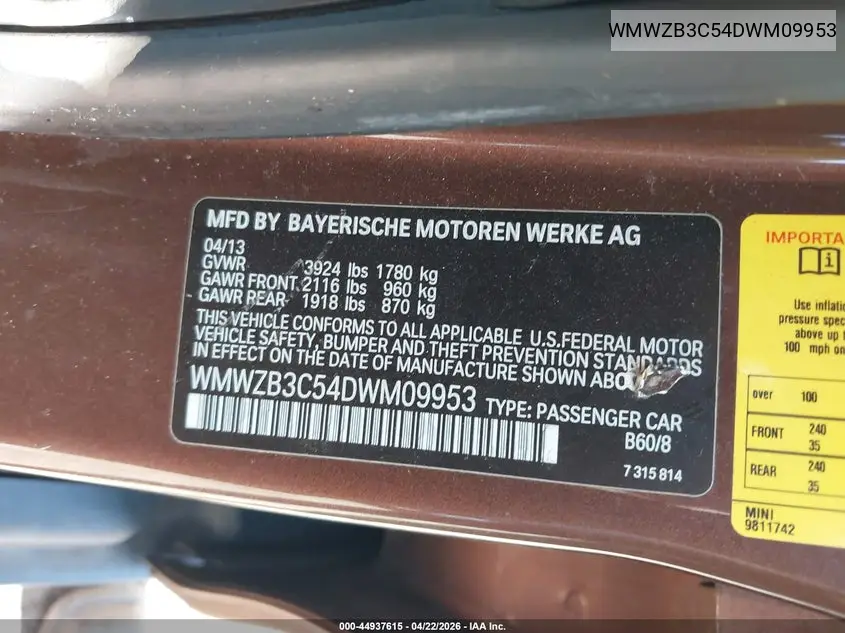 2013 Mini Countryman Cooper VIN: WMWZB3C54DWM09953 Lot: 44937615