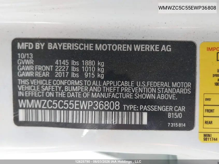 2014 Mini Countryman Cooper S VIN: WMWZC5C55EWP36808 Lot: 12625790