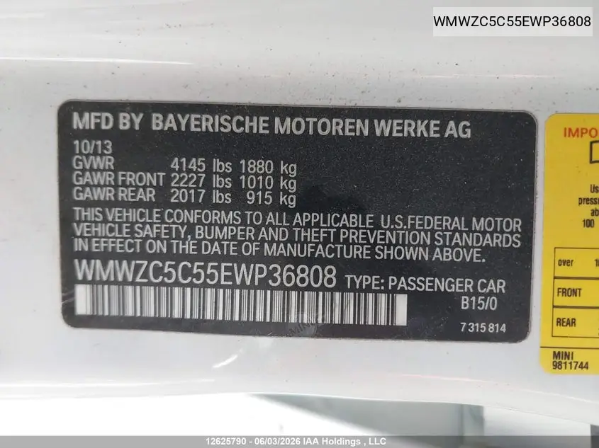 2014 Mini Countryman Cooper S VIN: WMWZC5C55EWP36808 Lot: 12625790
