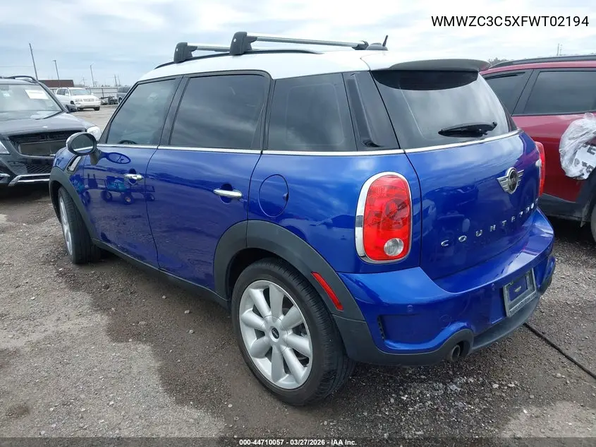 2015 Mini Countryman Cooper S VIN: WMWZC3C5XFWT02194 Lot: 44710057