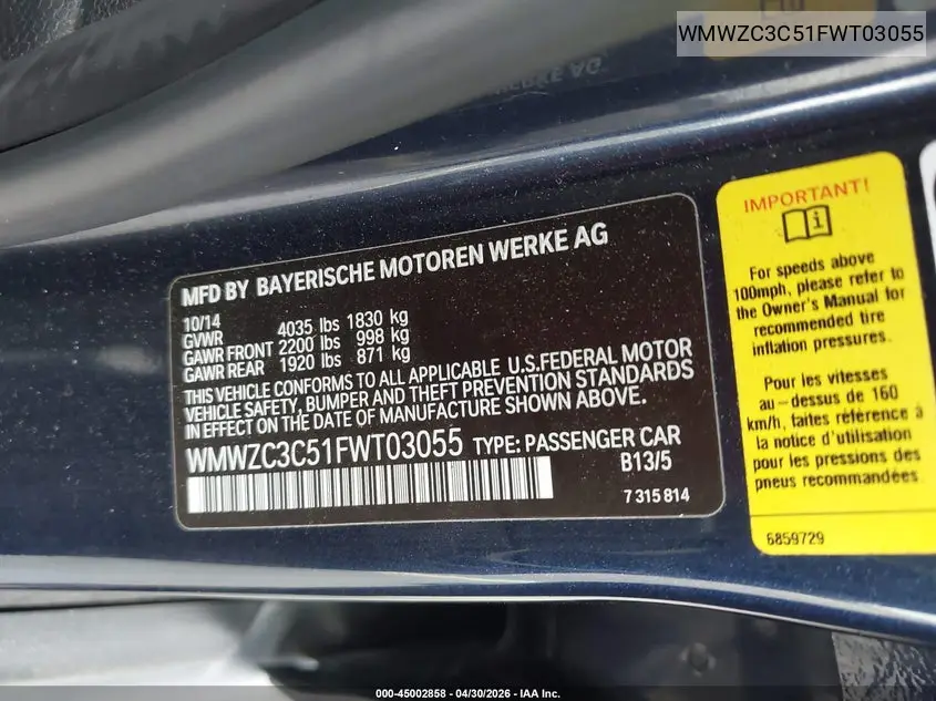 2015 Mini Countryman Cooper S VIN: WMWZC3C51FWT03055 Lot: 45002858