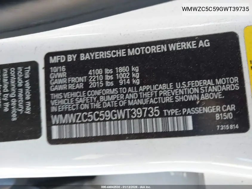 2016 Mini Countryman Cooper S VIN: WMWZC5C59GWT39735 Lot: 44042530