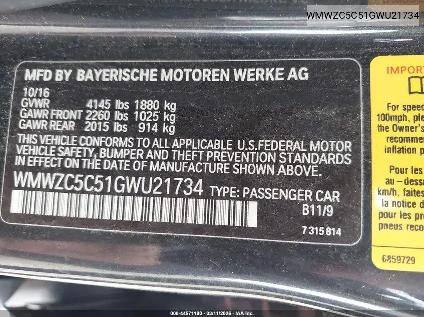 2016 Mini Countryman Cooper S VIN: WMWZC5C51GWU21734 Lot: 44571180