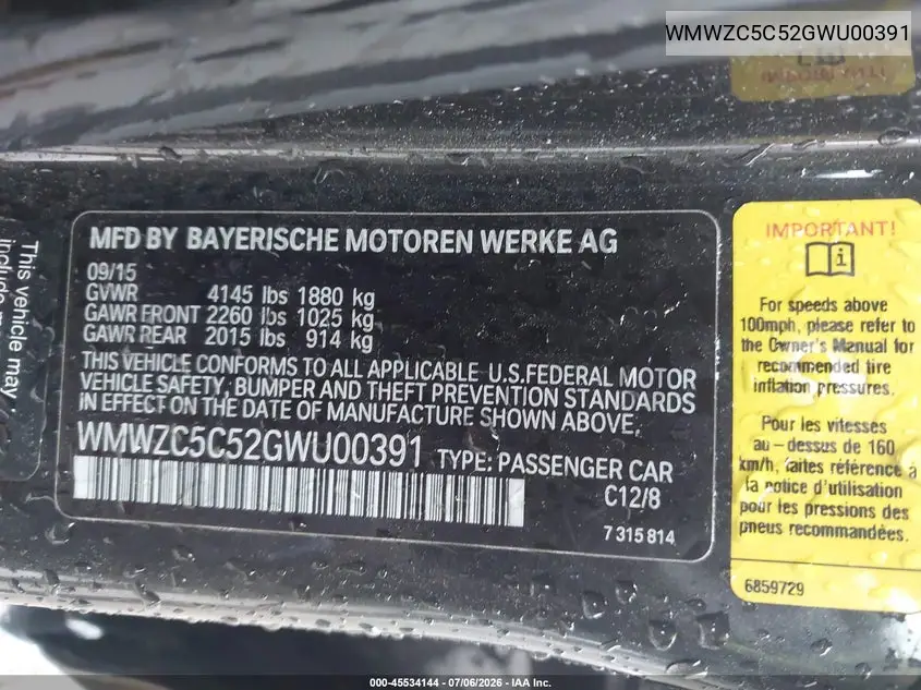 2016 Mini Countryman Cooper S VIN: WMWZC5C52GWU00391 Lot: 45534144