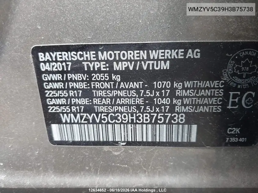 2017 Mini Countryman Cooper VIN: WMZYV5C39H3B75738 Lot: 12634652