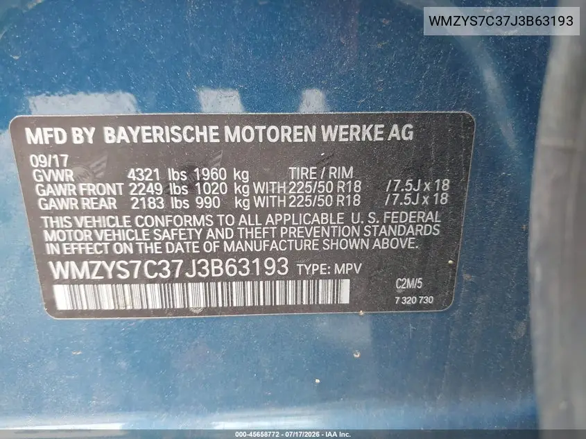 2018 Mini Countryman Cooper VIN: WMZYS7C37J3B63193 Lot: 45658772