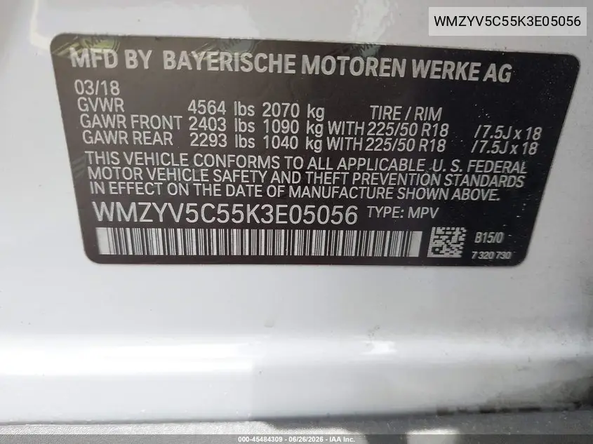 2019 Mini Countryman Cooper VIN: WMZYV5C55K3E05056 Lot: 45484309