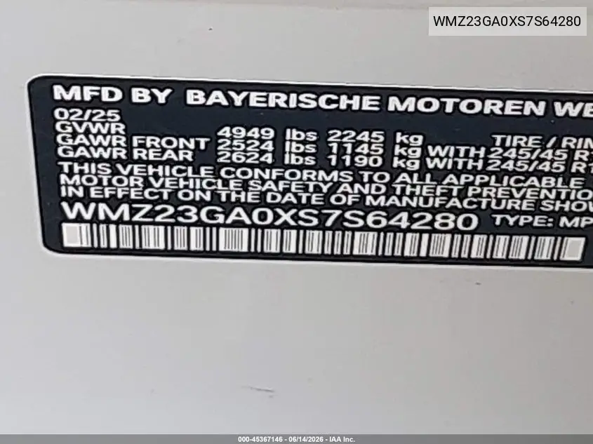 2025 Mini Countryman Cooper S VIN: WMZ23GA0XS7S64280 Lot: 45367146