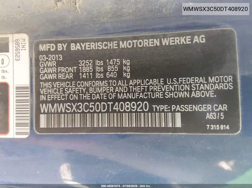 2013 Mini Coupe Cooper S VIN: WMWSX3C50DT408920 Lot: 45561875