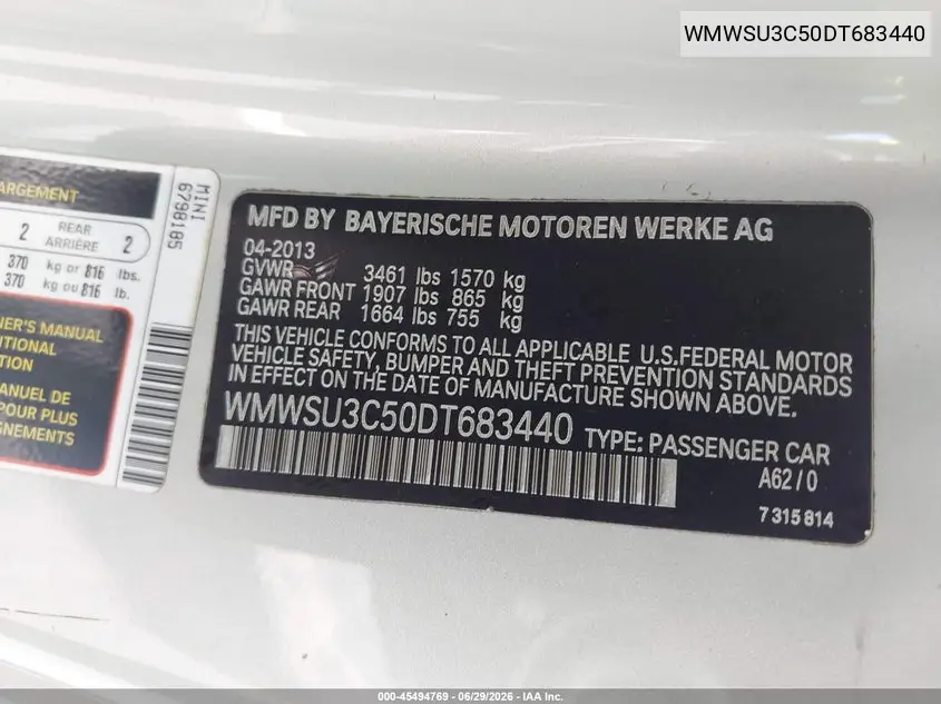 2013 Mini Hardtop Cooper VIN: WMWSU3C50DT683440 Lot: 45494769