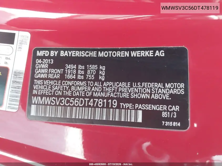 2013 Mini Hardtop Cooper S VIN: WMWSV3C56DT478119 Lot: 45592655