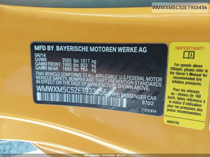 2014 Mini Hardtop Cooper VIN: WMWXM5C52ET933456 Lot: 45629541