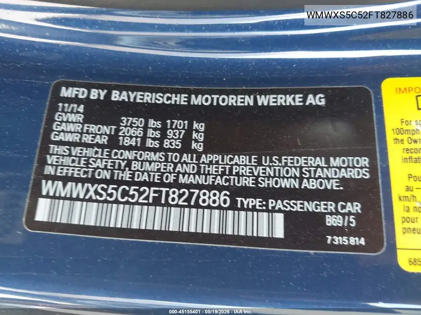 2015 Mini Hardtop Cooper VIN: WMWXS5C52FT827886 Lot: 45155401