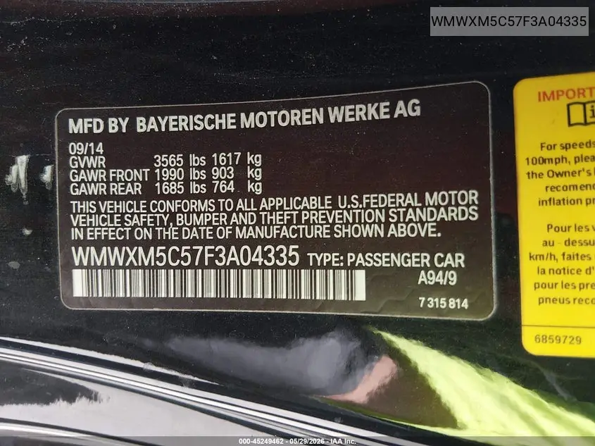 2015 Mini Hardtop Cooper VIN: WMWXM5C57F3A04335 Lot: 45249462