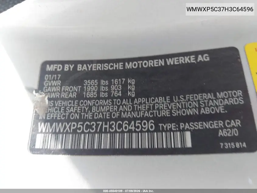 2017 Mini Hardtop Cooper VIN: WMWXP5C37H3C64596 Lot: 45540189
