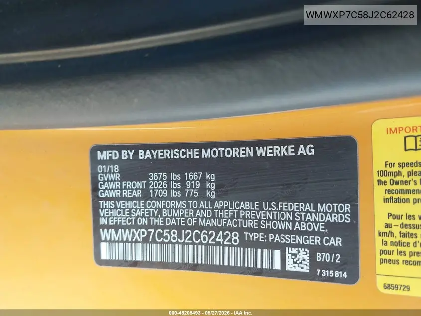 2018 Mini Hardtop Cooper S VIN: WMWXP7C58J2C62428 Lot: 45205493