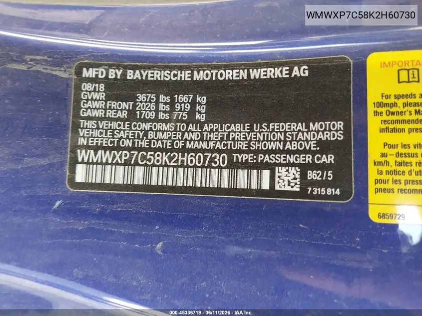 2019 Mini Hardtop Cooper S VIN: WMWXP7C58K2H60730 Lot: 45336719