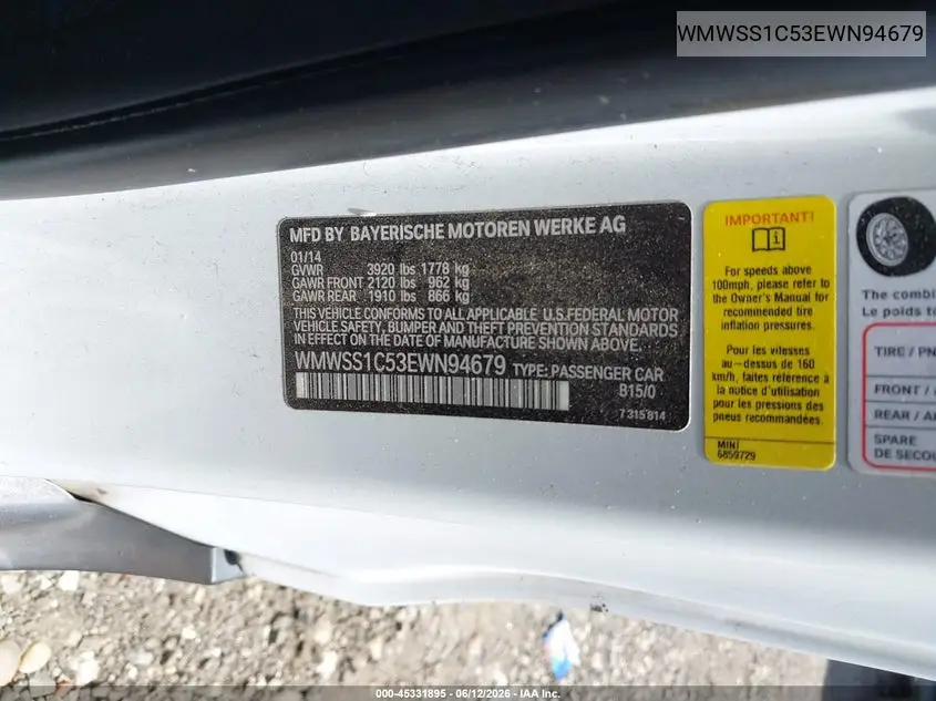 2014 Mini Paceman Cooper VIN: WMWSS1C53EWN94679 Lot: 45331895