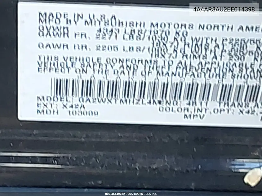 2014 Mitsubishi Outlander Sport Es VIN: 4A4AR3AU2EE014398 Lot: 45449782