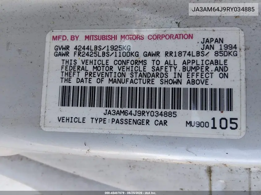 1994 Mitsubishi 3000 Gt Sl VIN: JA3AM64J9RY034885 Lot: 45487079