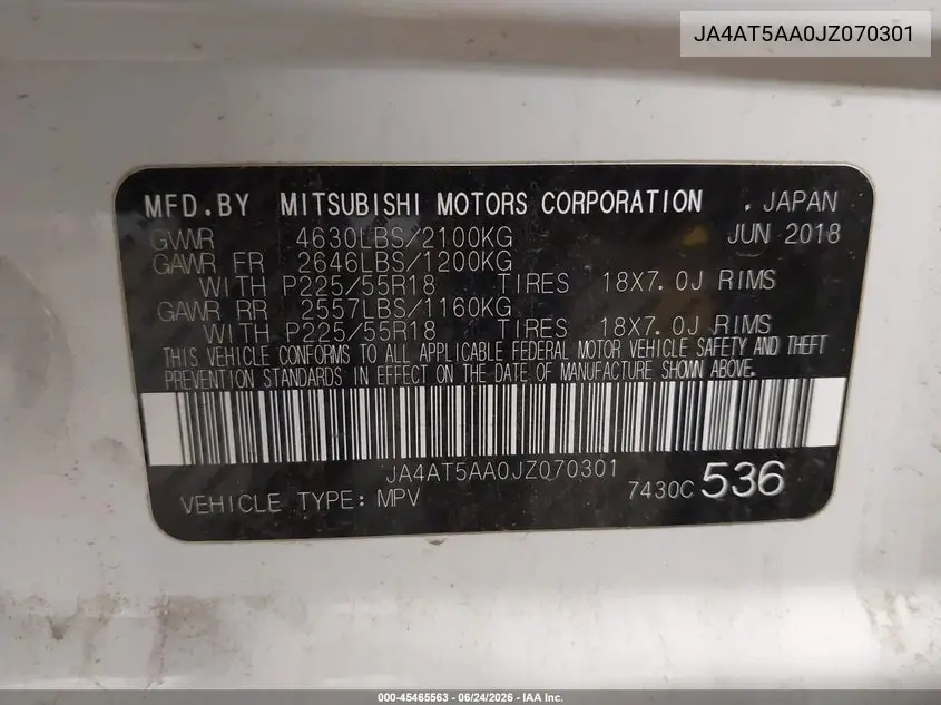 2018 Mitsubishi Eclipse Cross Se/Sel VIN: JA4AT5AA0JZ070301 Lot: 45465563