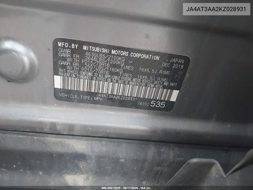 JA4AT3AA2KZ028931 2019 Mitsubishi Eclipse Cross Es