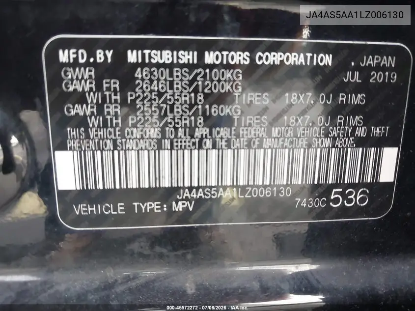 2020 Mitsubishi Eclipse Cross Se 1.5T VIN: JA4AS5AA1LZ006130 Lot: 45572272
