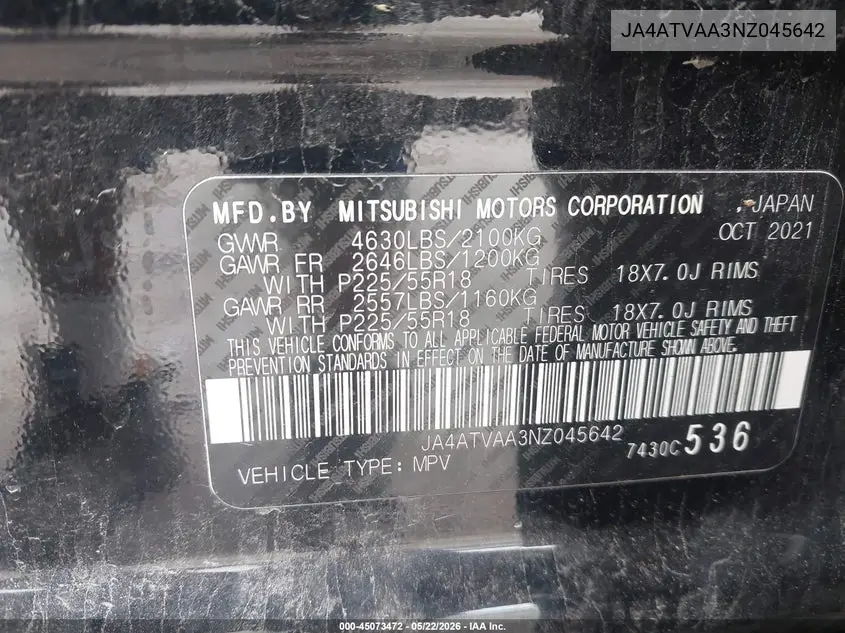 2022 Mitsubishi Eclipse Cross Le S-Awc VIN: JA4ATVAA3NZ045642 Lot: 45073472