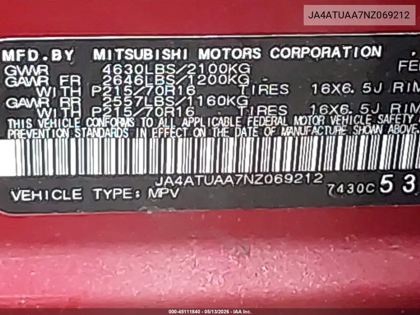2022 Mitsubishi Eclipse Cross Es S-Awc VIN: JA4ATUAA7NZ069212 Lot: 45111840