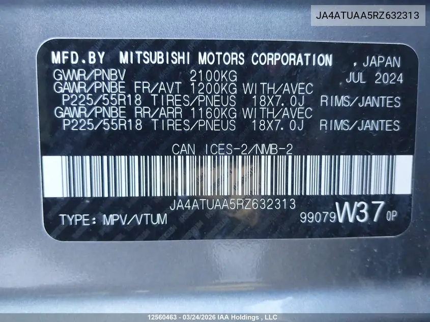 2024 Mitsubishi Eclipse Cross Es VIN: JA4ATUAA5RZ632313 Lot: 12560463