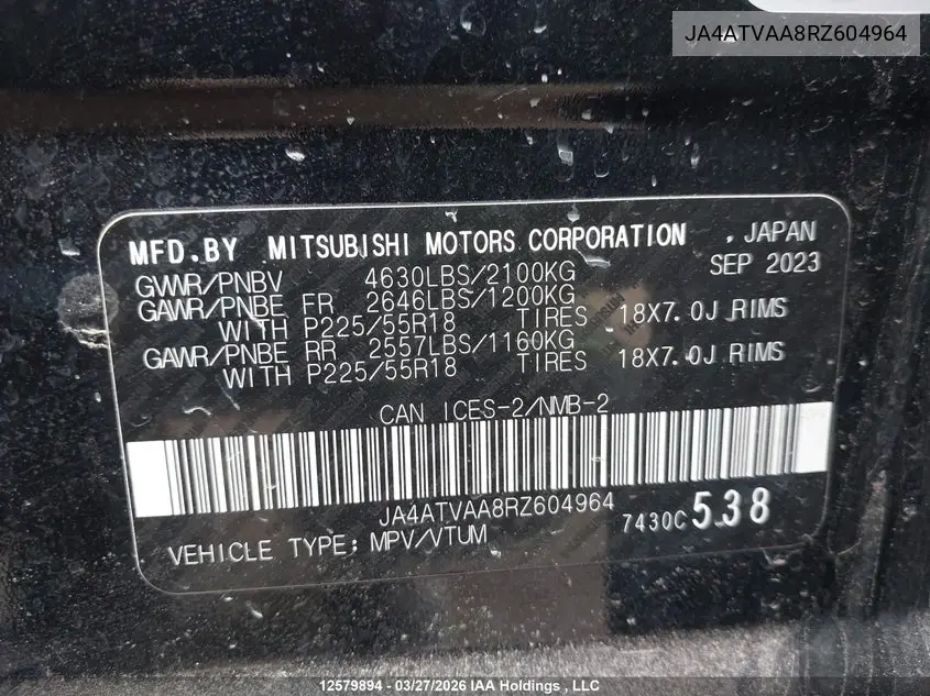 2024 Mitsubishi Eclipse Cross Gt/Noir/Se/Sel VIN: JA4ATVAA8RZ604964 Lot: 12579894