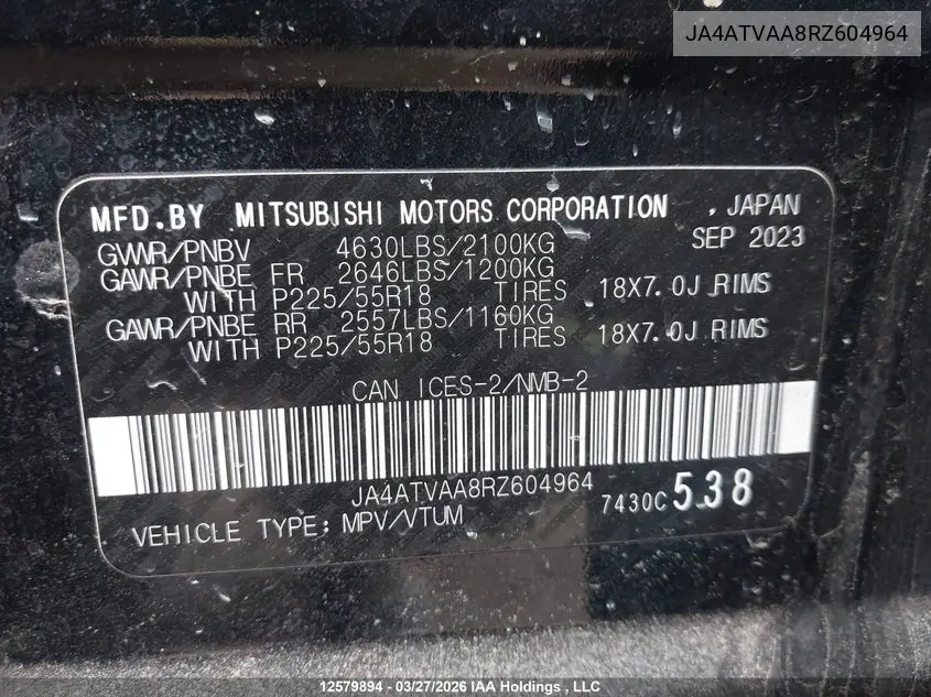 2024 Mitsubishi Eclipse Cross Gt/Noir/Se/Sel VIN: JA4ATVAA8RZ604964 Lot: 12579894