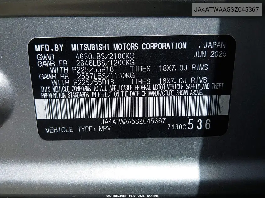 2025 Mitsubishi Eclipse Cross Black Edition S-Awc/Se S-Awc/Sel S-Awc VIN: JA4ATWAA5SZ045367 Lot: 45523452