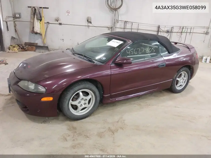1998 Mitsubishi Eclipse Spyder Gs VIN: 4A3AX35G3WE058099 Lot: 45627805