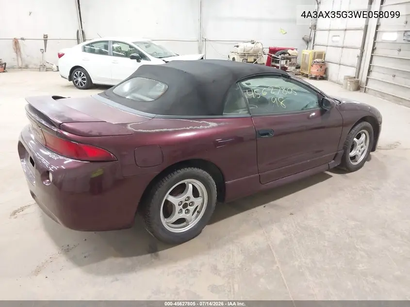1998 Mitsubishi Eclipse Spyder Gs VIN: 4A3AX35G3WE058099 Lot: 45627805